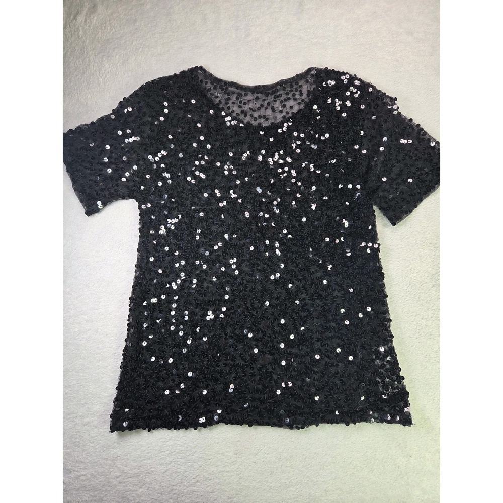 Halsey Collection Black Sequin Mesh Top Medium Sheer Party Y2K Club Festival...